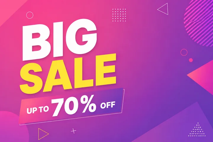 Banner “BIG SALE, up to 70% off” on a pink to purple gradient